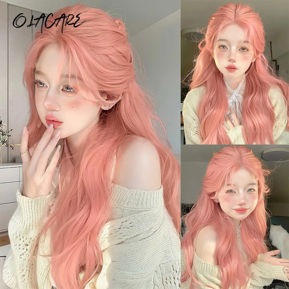 OLACARE Synthetic Long Wavy Pink Wigs Middle Part Wig Popular Cosplay Lolita Party Daily Hair Wig Heat Resistant for Women