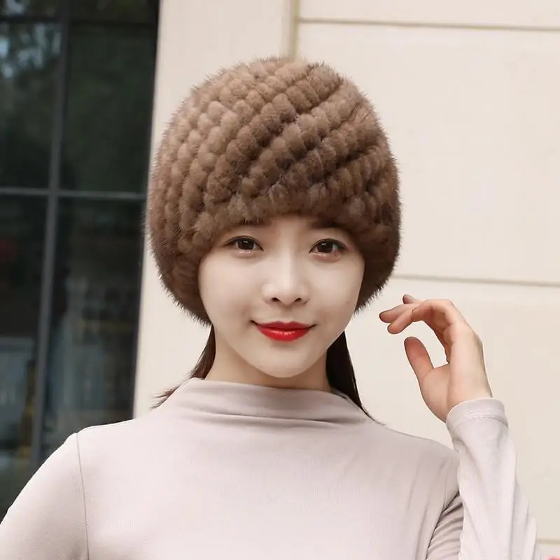 

Women Winter Hats Real Mink Fur Hat New Fur Knitted Cap Women Pineapple Hat Natural Genuine Fur Caps Female Winter Beanies 2022