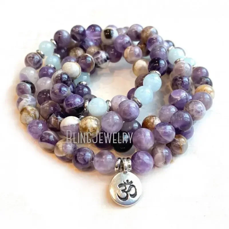 5pcs Tibetan Buddhist Rosary 108 Japa Mala Prayer Bead Amethyst Aquamarine Om Charm Yoga Bracelet Women Spiritural Jewelry