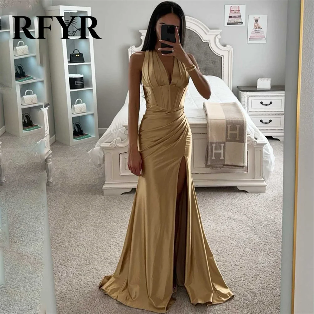 

RFYR Champagne Prom Dress Sleeveless V-Nevk Satin Evening Dress Sleeveless Trumpet Party Dress with High Slit Pleats فساتين سهرة