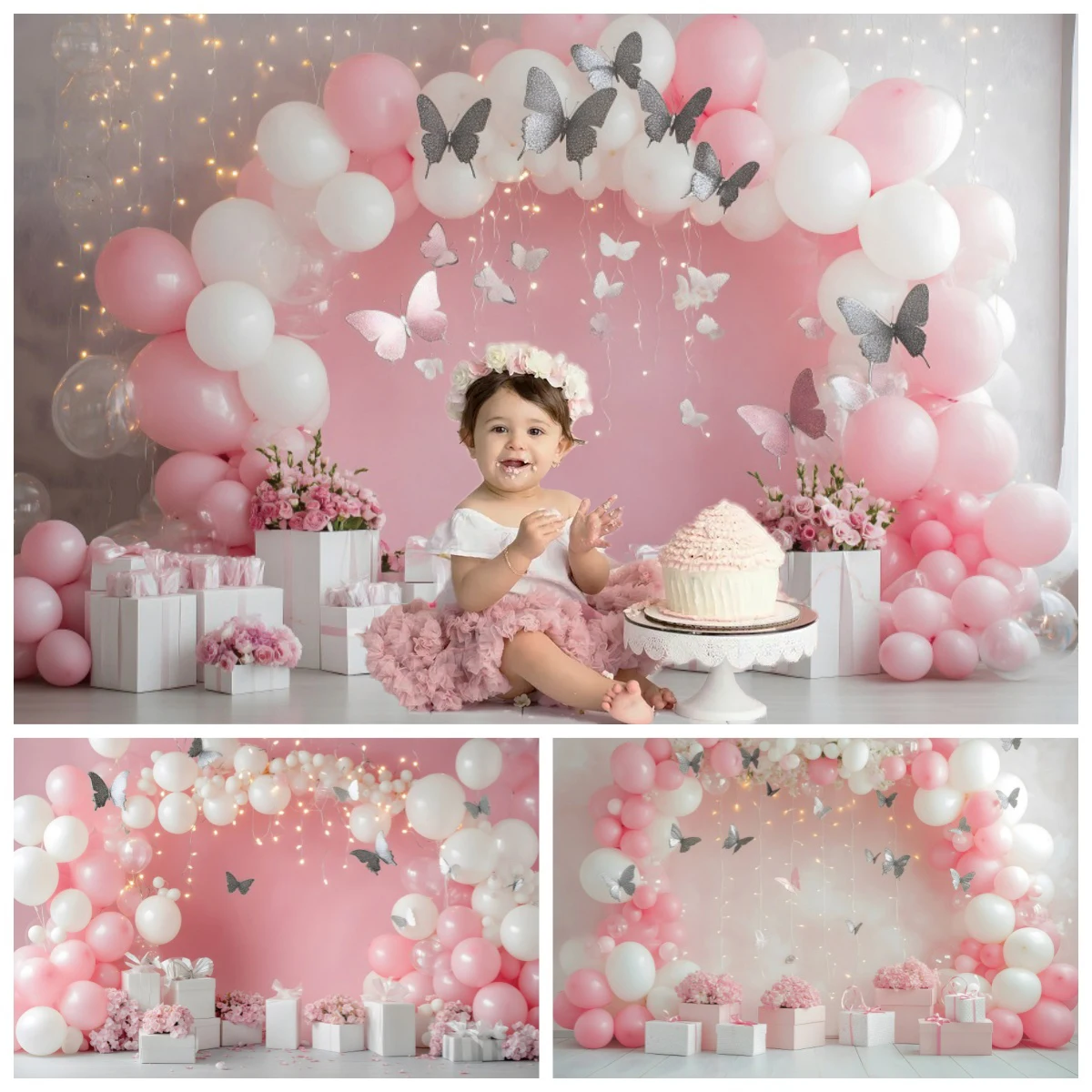 

Girls 1st Birthday Party Backdrop Pink Arch Balloon Butterfly Newborn Baby Shower Cake Smash Decoration Photography Background