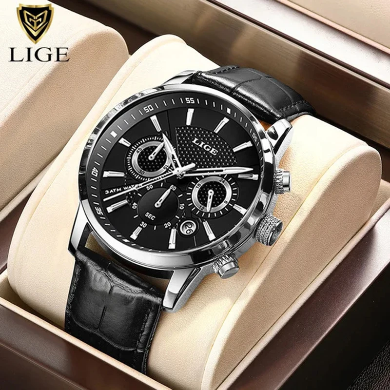 LIGE Top Brand Quartz Men\'s Watches Leather Strap Fashion Simple Chronograph Waterproof Casual Sport Date Man Watch Reloj Hombre