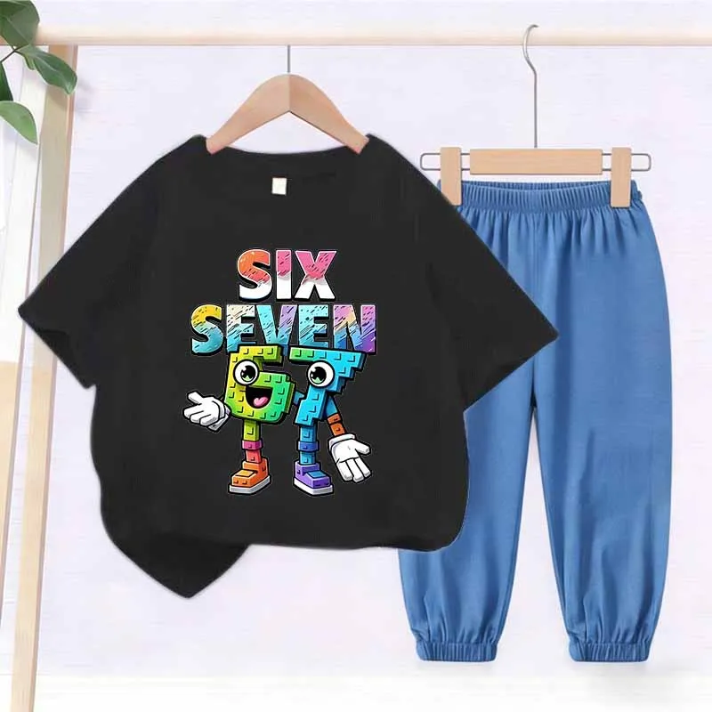 Summer Kids Colthes Sets Cartoon “SIX SEVEN” Print Short Sleeve T-shirts and Denim-like Thin Mosquito-proof Long Pants Set Wear