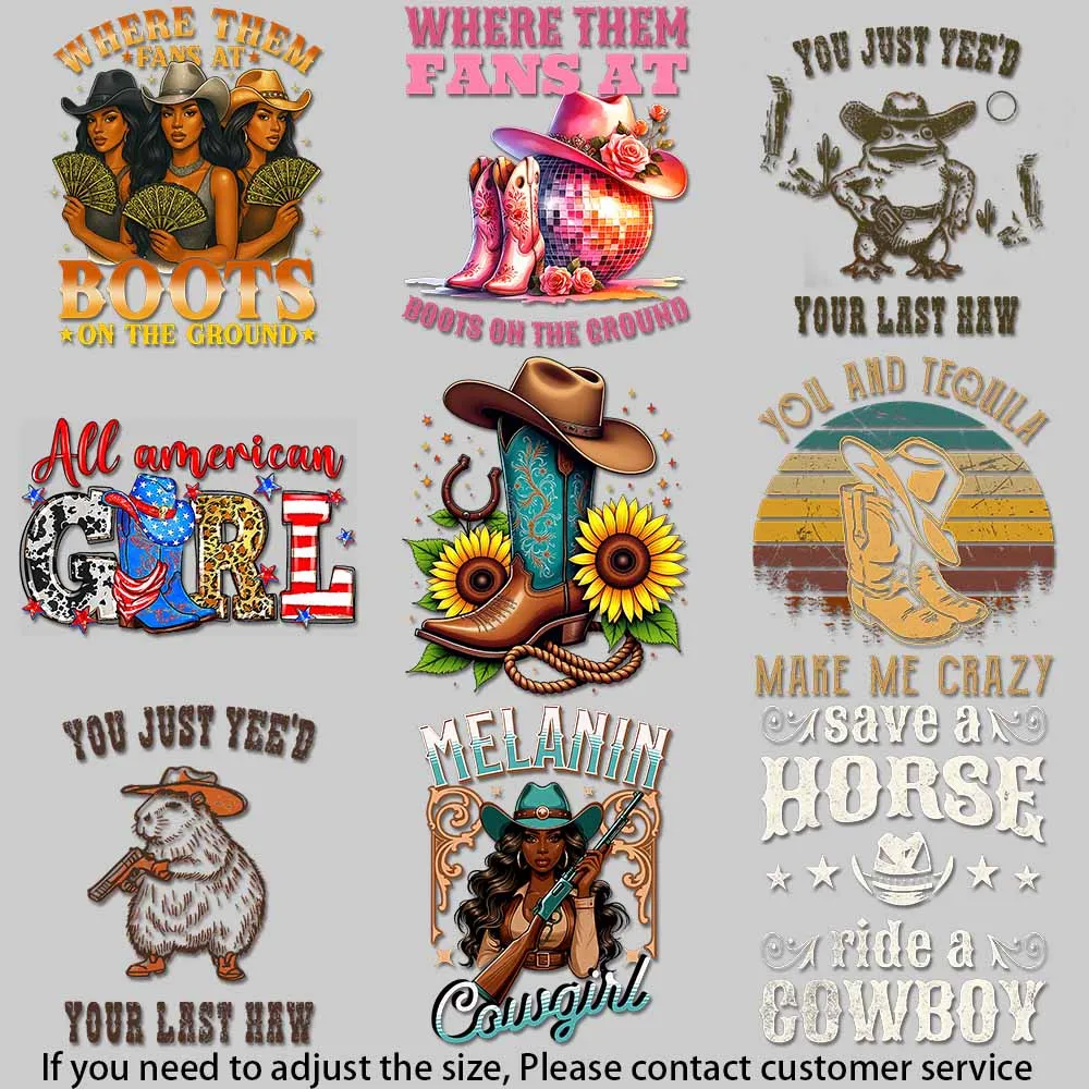 Western Themed Heat Transfer Patches, Fun DIY Decoration for Denim, Shirts, Vibrant Colors Durable Heat Transfer Prints