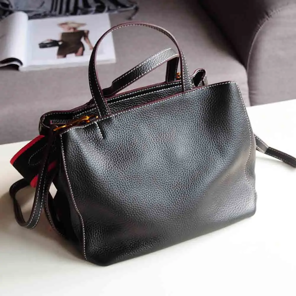 MS Retro Soft Leather Handbag for Women Frist Layer Cowhide Shoulder Tote Luxury Crossbody Female Tote Black Office New In 2023