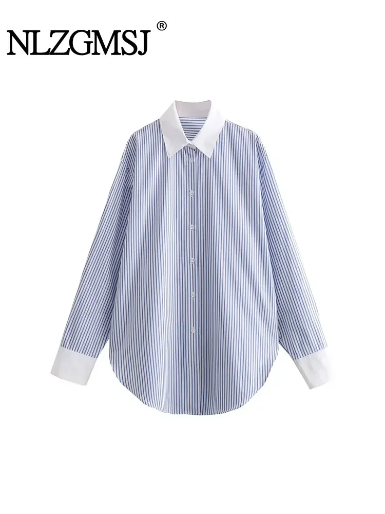 Nlzgmsj TRAF Women Contrast Striped Shirt Casual Loose Lapel Asymmetrical Hem Tops 2023 Office Ladies Single Breasted Shirts