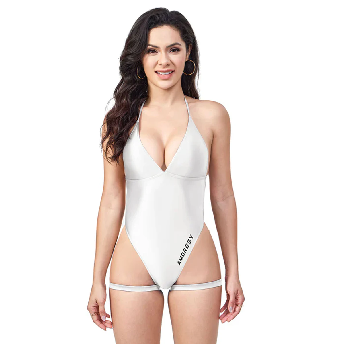 AMORESY لامعة لامعة قطعة واحدة ملابس السباحة حمالة العميق الخامس الرقبة عارية الذراعين الساق الأشرطة T على شكل تصميم ضيق لملابس السباحة التنافسية #4