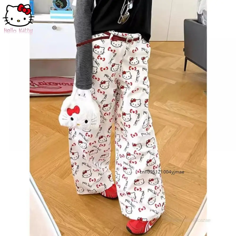 

Sanrio Hello Kitty Широкие джинсы с принтом Женские летние модные брюки в американском стиле с прямыми штанинами Повседневные брюки Slim