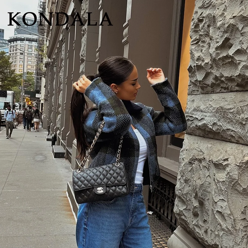 

KONDALA 2025 Fall Winter Streetwear Knitted Women Coats Fashion Christmas Plaid Elegant Zip Up Turndown Collar Ladies Coats