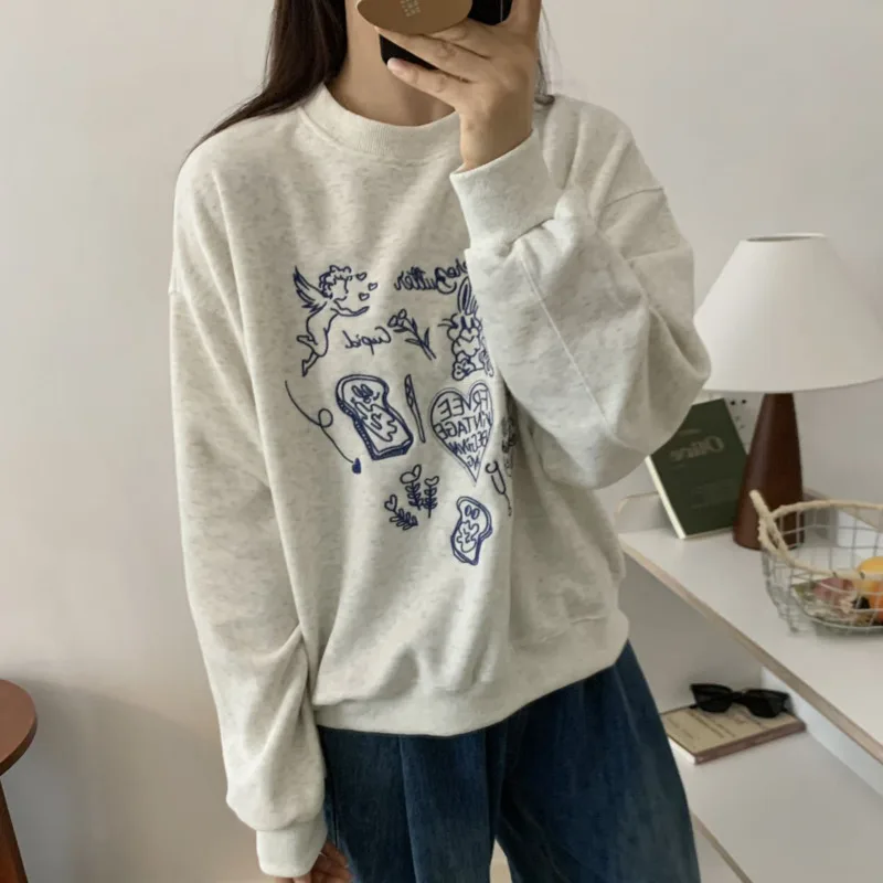 Geometric Embroidery Korean Style Hoodies O-neck Casual Pullovers Angel Rabbit Printed Plush Sweatshirt Loose Gray Hoodies Women