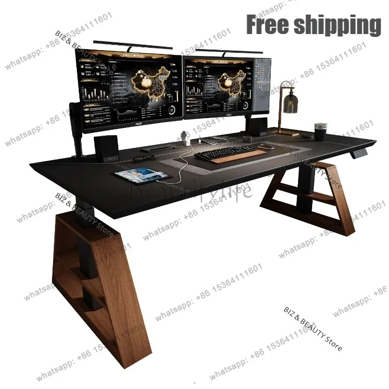FG Luxury Electric Standing Desk Leather-Wrapped Edge Extra Long Height Adjustable Desk Home Office Gaming & Workstation JT40