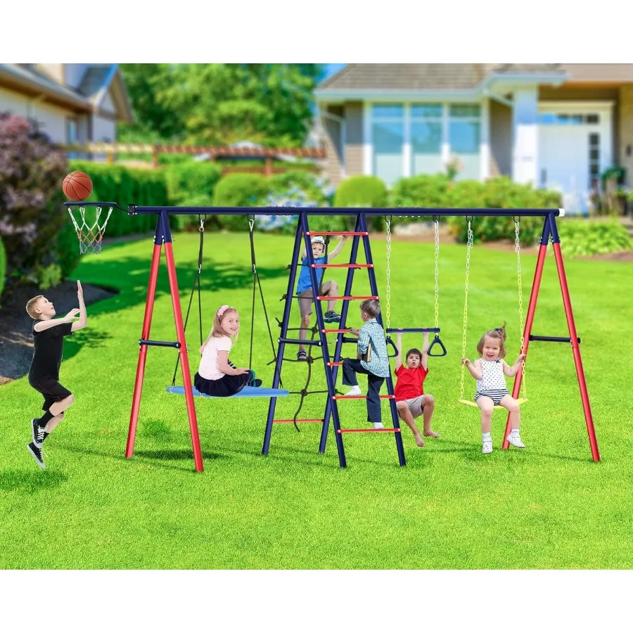 

6 in 1 Multifunction Swing Set for Backyard Outdoor Play for Aged 3-12 Heavy Duty Metal Construction with 2 Swings Climbing Lad