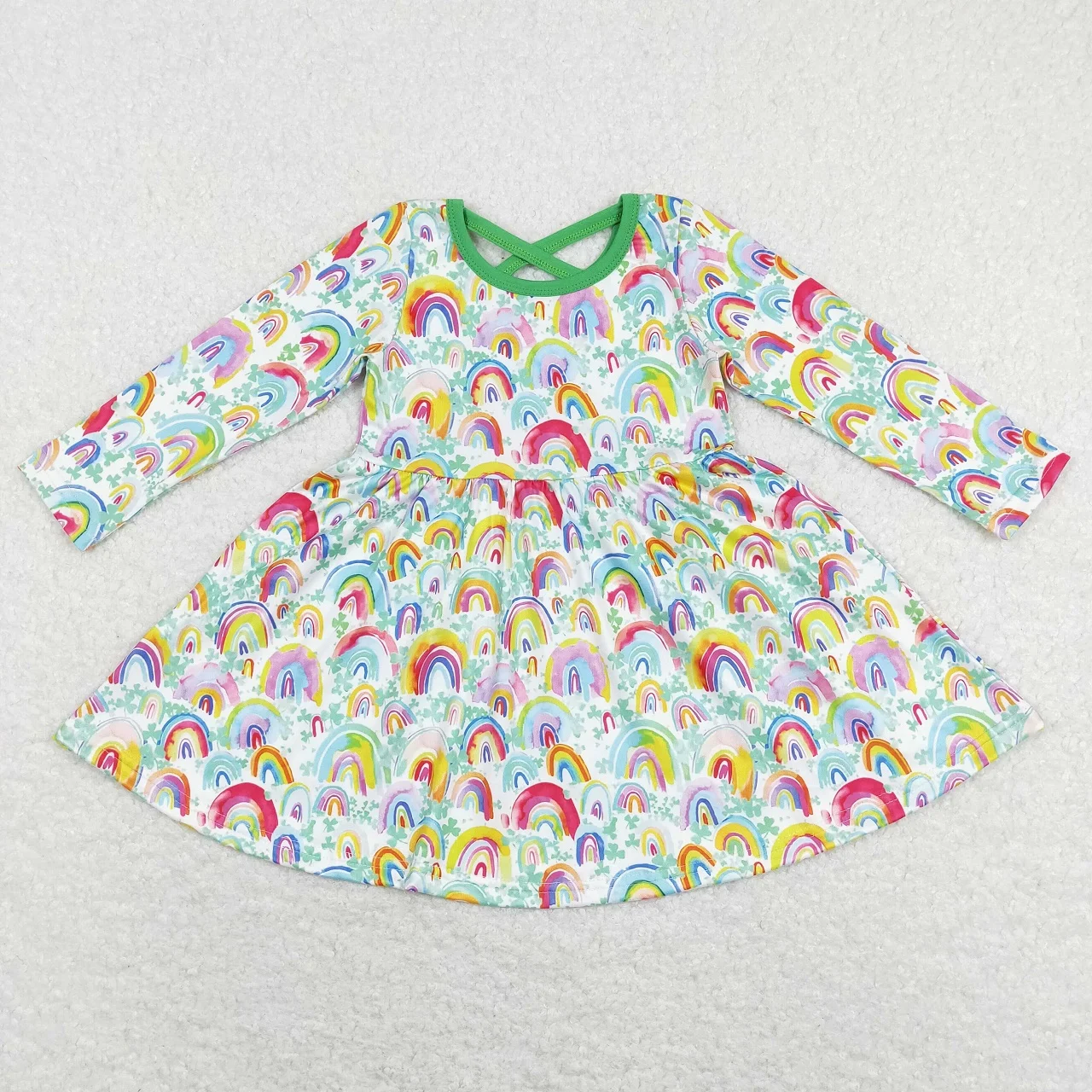 

Wholesale Baby Girl Long Sleeves Green Twirl Dress Toddler Knee Length One Piece Kids Children St. Patrick's Day Rainbow Clothes