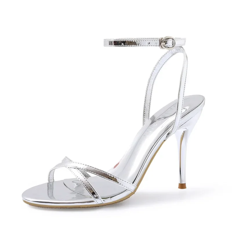 Summer New High Heel Sandals Women\'s Stiletto Heel Buckle Open Toe Sexy Silver Stiletto Sandals