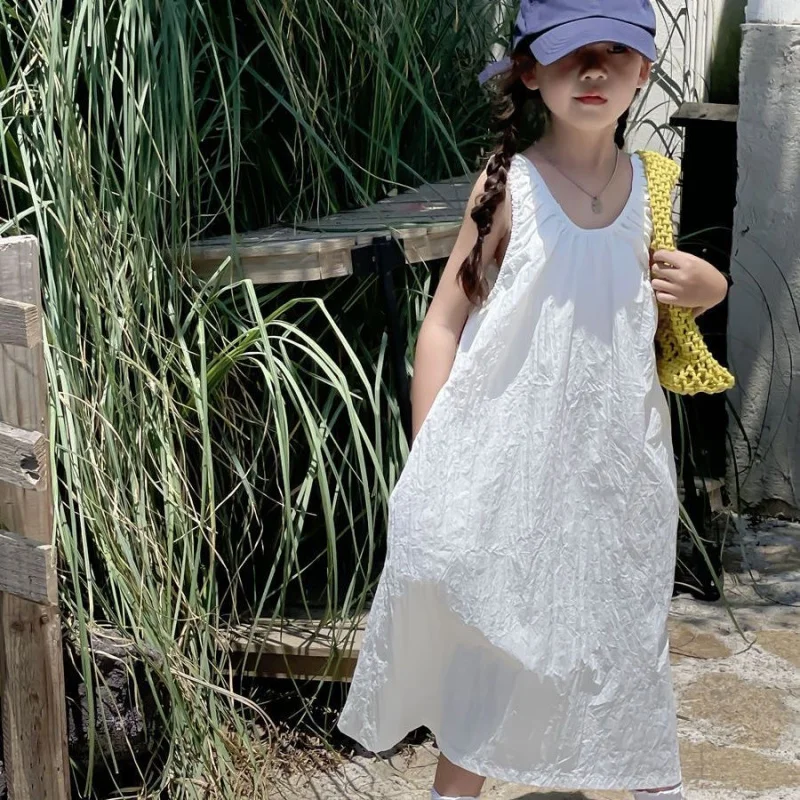 

Girls' stylish seaside vacation style fresh white dress, children's summer casual sleeveless tank dress