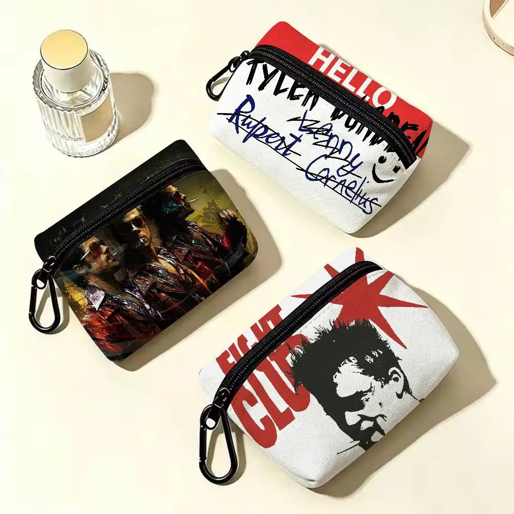 Classic Cool Movie Fight Club Lightweight Oxford Fabric Coin Purse Carabiner Hook Design Mini Card Key Organizer Bag