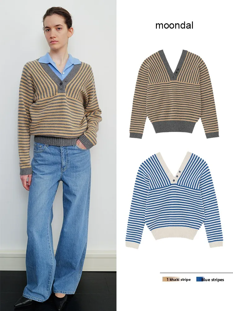 

Женский модный шерстяной свитер с глубоким V-образным вырезом и полосками, весна 2026, новый стиль, на пуговицах, теплый топ в корейском стиле, приталенный, с длинным рукавом