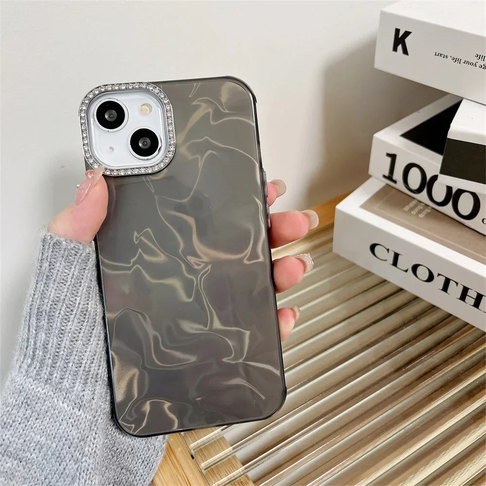 Electroplated Tin Foil Pleats Case For iPhone 15 14 13 12 11 Pro Max Diamond Laser Hard Thin Case Cover