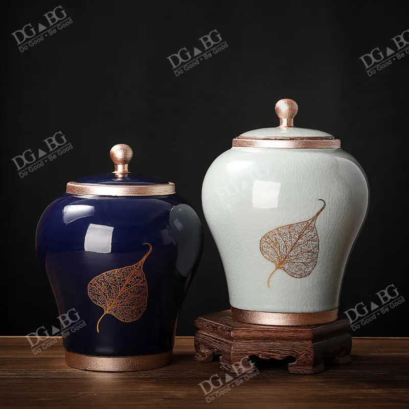 Funeral Urns For Ashe Human Cremation Memorial Ash Holder Keepsak Souvenirs Gift Chinese-Style Leaf Ceramic Storage Decoration