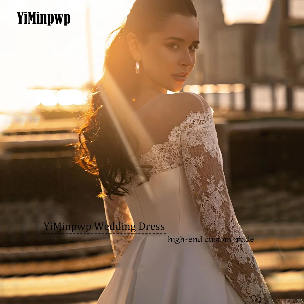 Vestidos De Novia Vintage personalizados con cuello redondo, apliques De satén, línea A, manga larga, Vestidos De Novia para playa, espalda con cremallera, 2025Personalizado vestidos de novia vintage cuello o 2025 apli