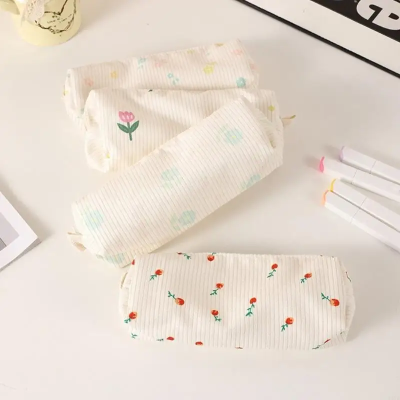 H37B Corduroy Pencil Couckes Clower Print Muckes Suppered Pencil Case