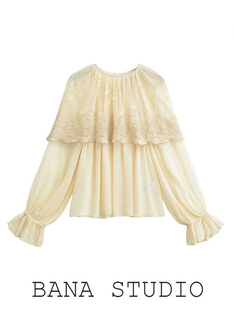 

BANA n Sle Long Sve round Ne Кружевная женская удобная дышащая офисная одежда прямого кроя с вышивкой