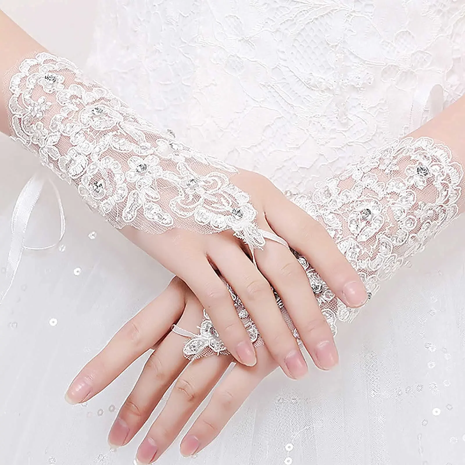 Lace White Wedding Crystal Tulle Fingerless Bridal Waist Cuff Women’s Flower Short Gloves for Bride