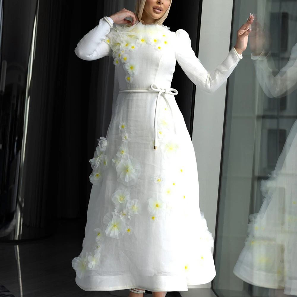 

Customized Temperament Organza A-Line Flowers Evening Dress Graceful Floor Length Long Sleeves vestidos para mujer