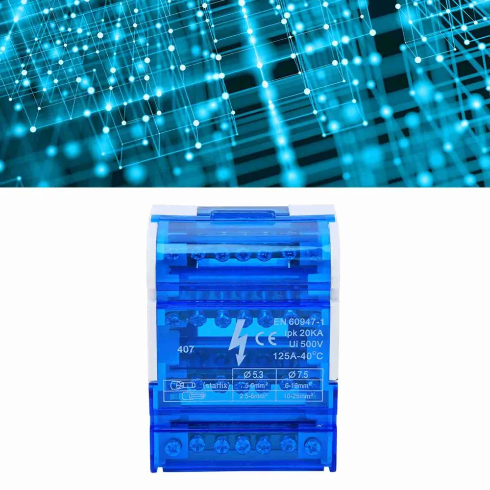 

407 Terminal Distribution Box 4 in 24 Out 125A/500V Din Rail Terminal Block Distribution Box Blue 4-Level Distribution Box