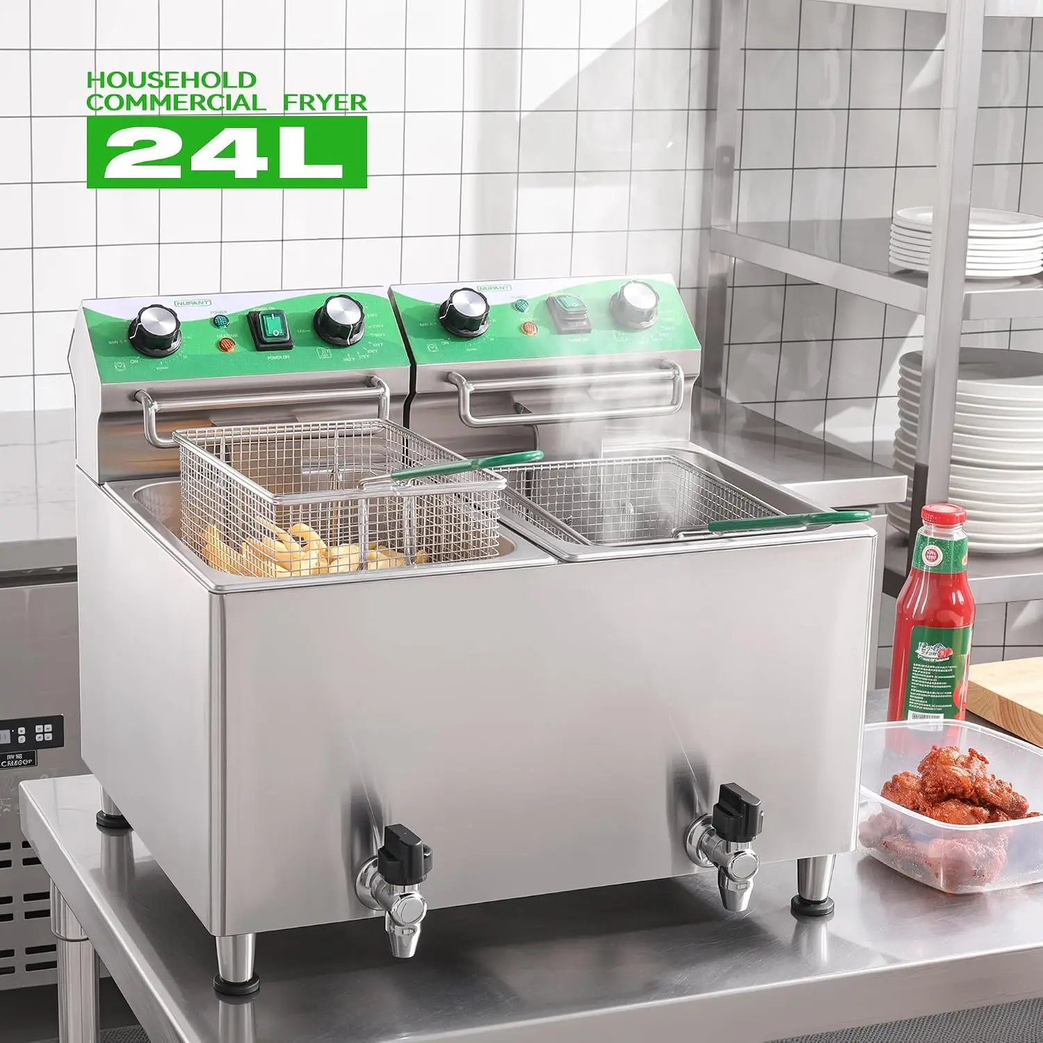 ^25.3QT/24L Commercial Deep Fryer with Oil Filtration and Timer Electric Deep Fryer with 2 Baskets and Lids Dual Tank Stainless