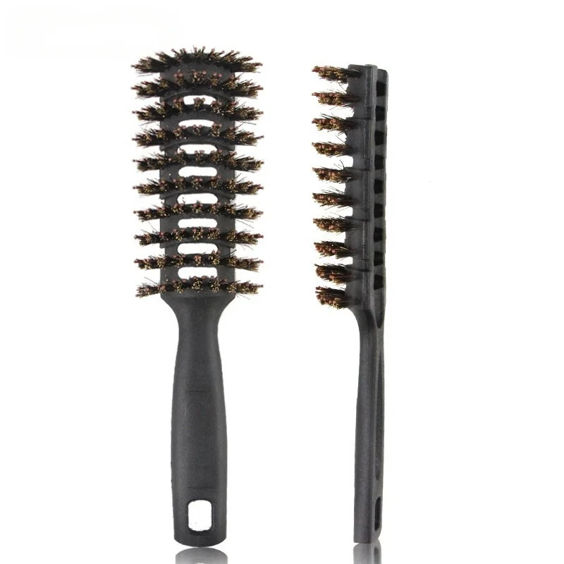 Professional Salon 9-Row Boar Bristle Hair Brush Anti-Static Plastic Quick Dry Styling Comb for Pompadour & Slicked-Back Hairst