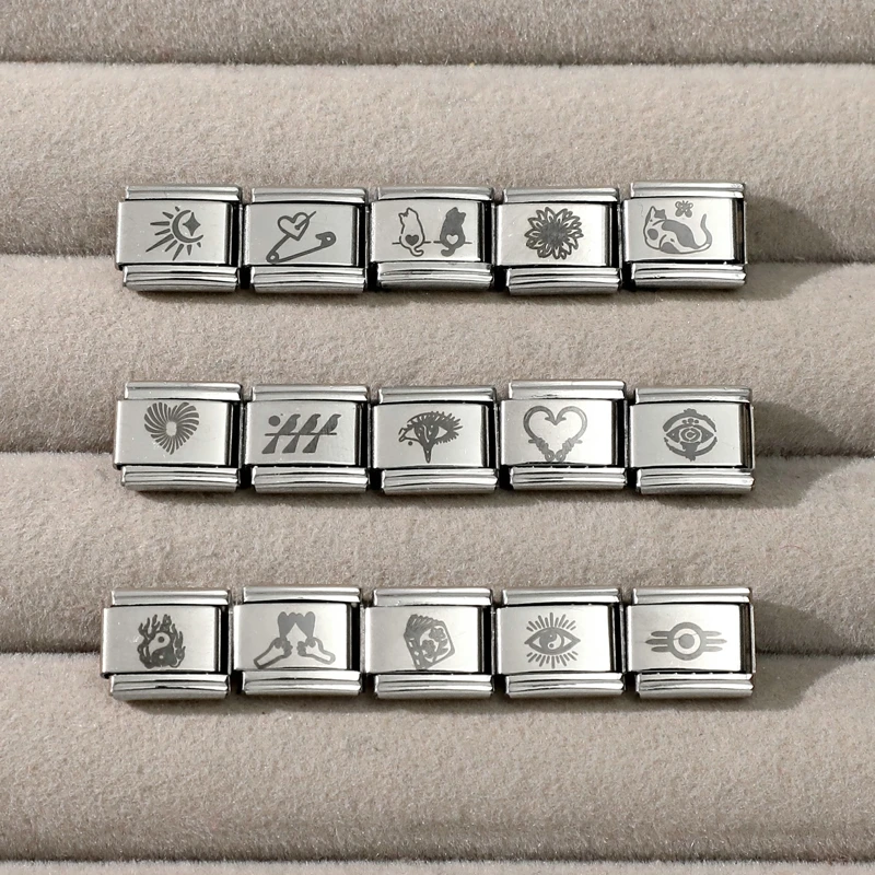 Y2K Creative Laser Engraving Cat Dog Tai Chi Eye Heart Sun Hand Italian Charm Links Fit 9mm Stainless Steel Bracelet DIY Making