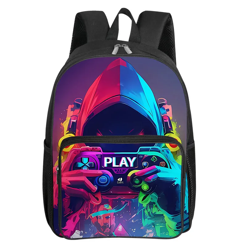 Character Game Console Pattern Square Front Pocket Backpack for Boy and Girls Best Gifts 2D Flat Cartoon SchoolBags for Children