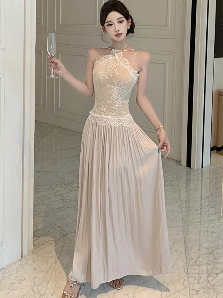 2026 Fashion Patchwork Lace Jacquard Neck-mounted Dress Women Elegant Bodycon Sexy Dress Spring Summer Korean Luxury Night Dress