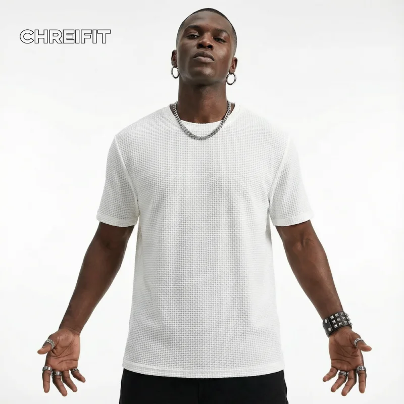 

CHREIFIT Men's White Waffle Knit T-Shirt Oversized Streetwear Basic Tee for Summer Breathable Cotton Blend Casual Top 2026