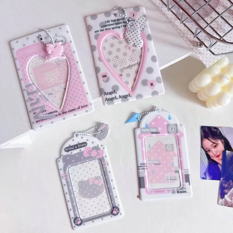 Cute Polka Dot PVC Photo Frame Heart Card Case for Inch Kpop Card School ID Bank Card Cover with Bead Chain Pendant Wholesales