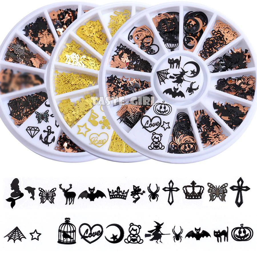 ハロウィーンのクリスマスの要素,200個,光沢のある金属製のマニキュアチャーム,バタフライドア,カボチャ,スノーフレーク