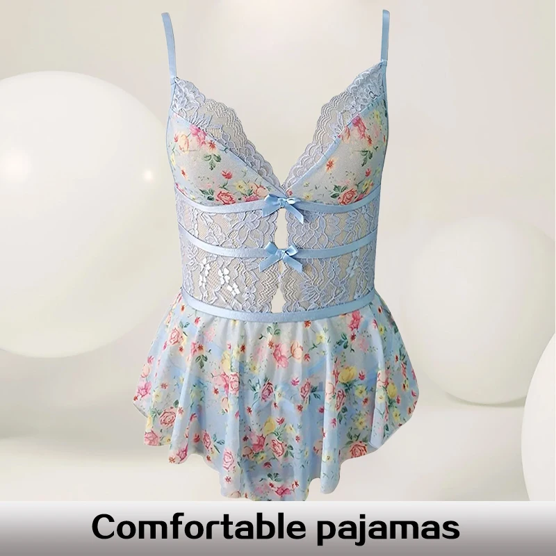 

Hot Selling New Summer Women's Lace Hollow V-Neck Suspender with Backless Sexy Printed Suspender for Women Nightdress