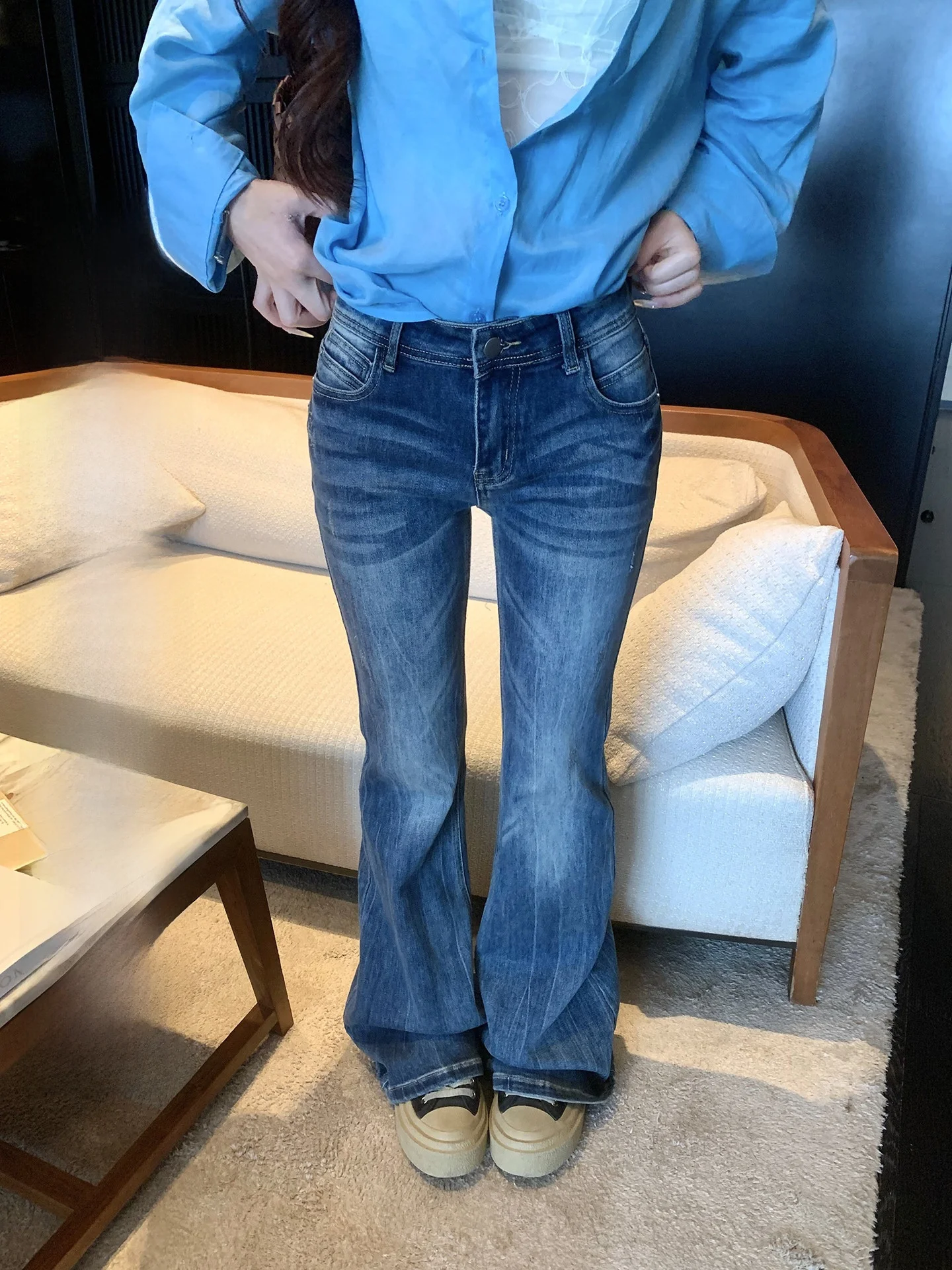 

XXIIUU Spring Summer New 2026 Women's Slimming Long Leg Denim Capri Pants Low Waist Cotton Stretchy Soft Denim Bell Bot