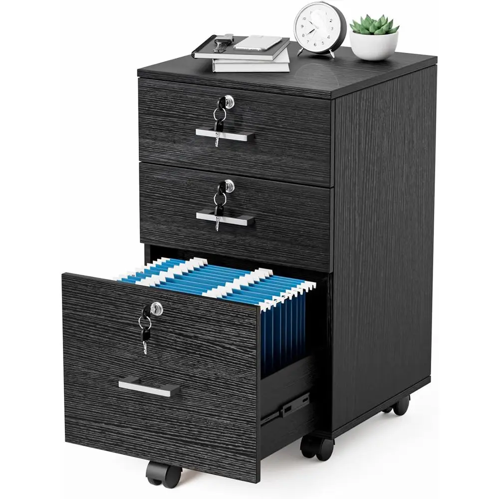 3-Drawer Cabinet with Lock, Wood Rolling Filing Cabinet Home Office, Mobile Printer Stand, Under Desk File Organizer for Letter