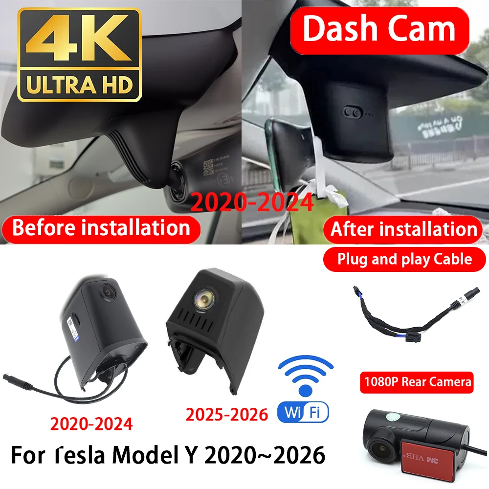 for Tesla Model Y 2020~2026 4K 2160P Dash Cam Front Rear Car Camera DVR Wifi Plug & Play Video Recorder Loop Recording