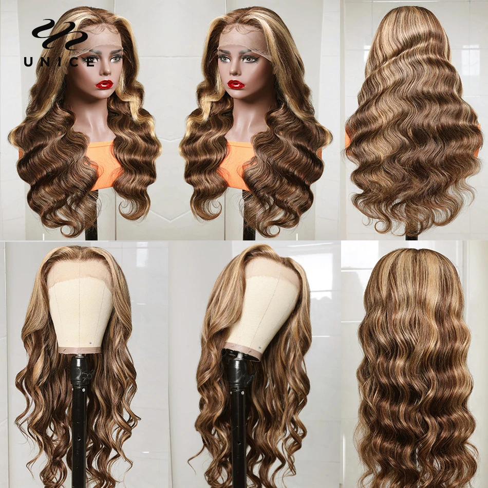 UNice Hair Blonde Highlight Body Wave 13x1 Middle T-Part Lace Wig 100% Human Hair Lace Front Wigs 150% Density Middle Part Wig