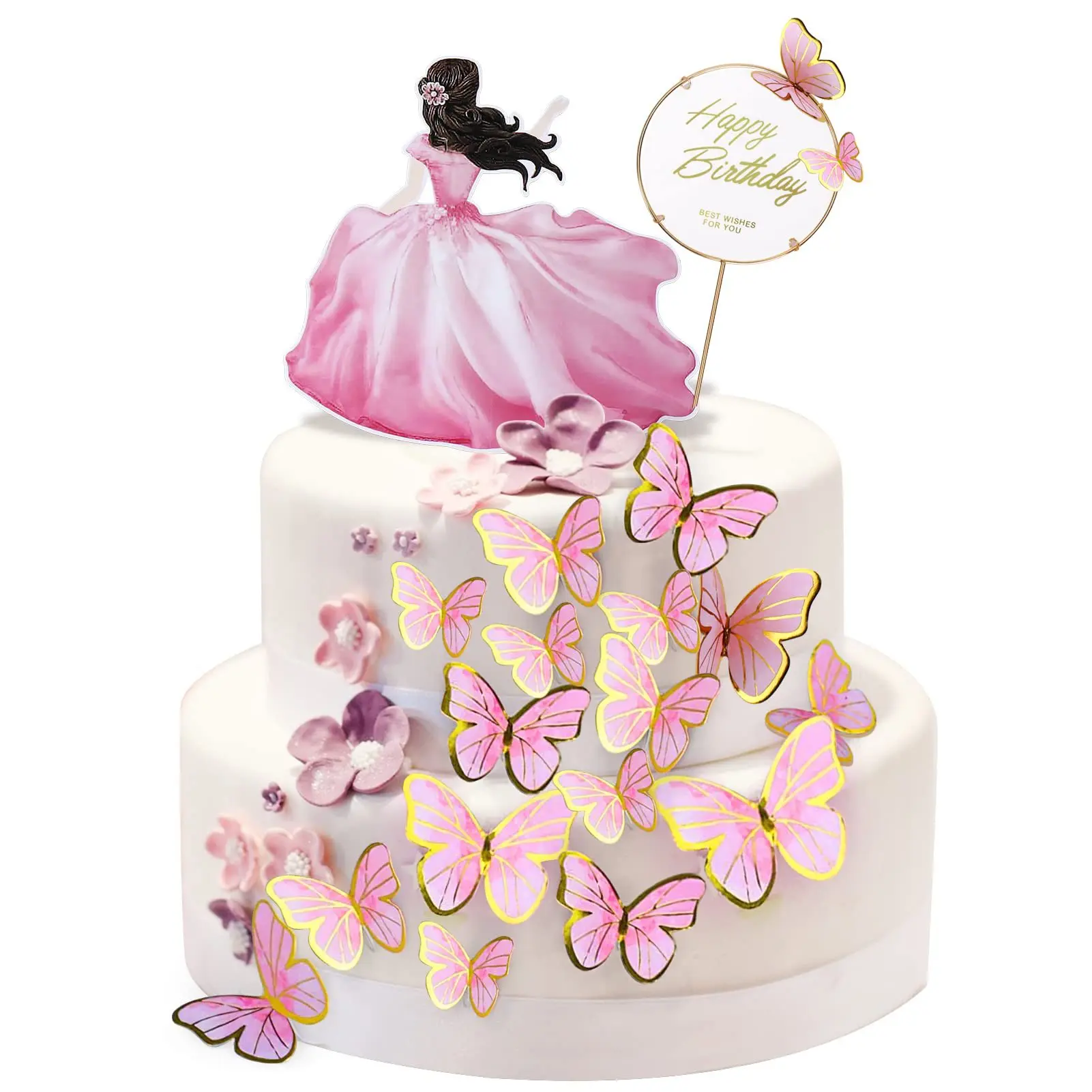 1 Set Butterfly Theme Happy Birthday Cake Toppers Pink Golden Butterfly Wedding Party Cake Topper Kids Birthday Gift Decoration