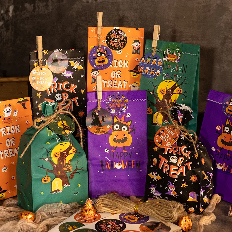 Bolsa de papel de dibujos animados para regalo de Halloween, embalaje de galletas, palomitas de maíz, Chocolate, dulces, decoración de fiesta de feliz Halloween, 12 unids/set