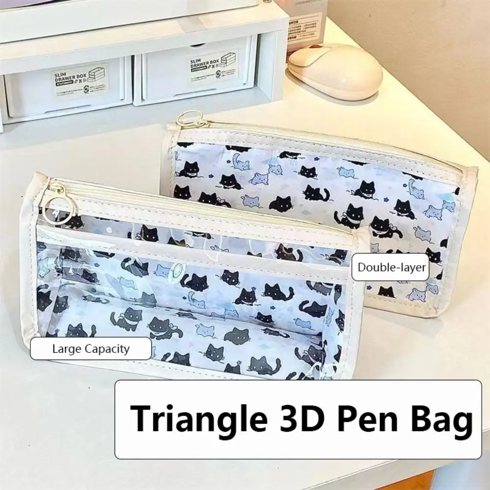 Portable Large Capacity Cute Cat Pen Bag Creative Translucent Triangle Base Pencil Case Stationery Storage Organizer