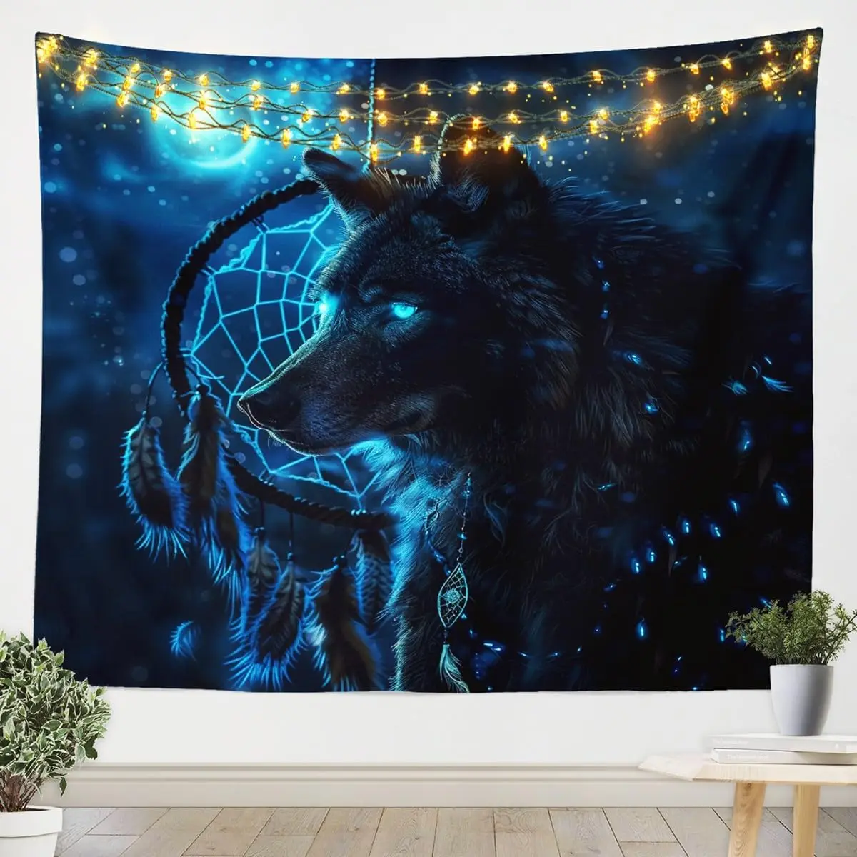 Mystic Wolf Blue Glow Tapestry Dreamcatcher Forest Bohemian Wall Hanging Art Decoration 180x230cm Home Decor