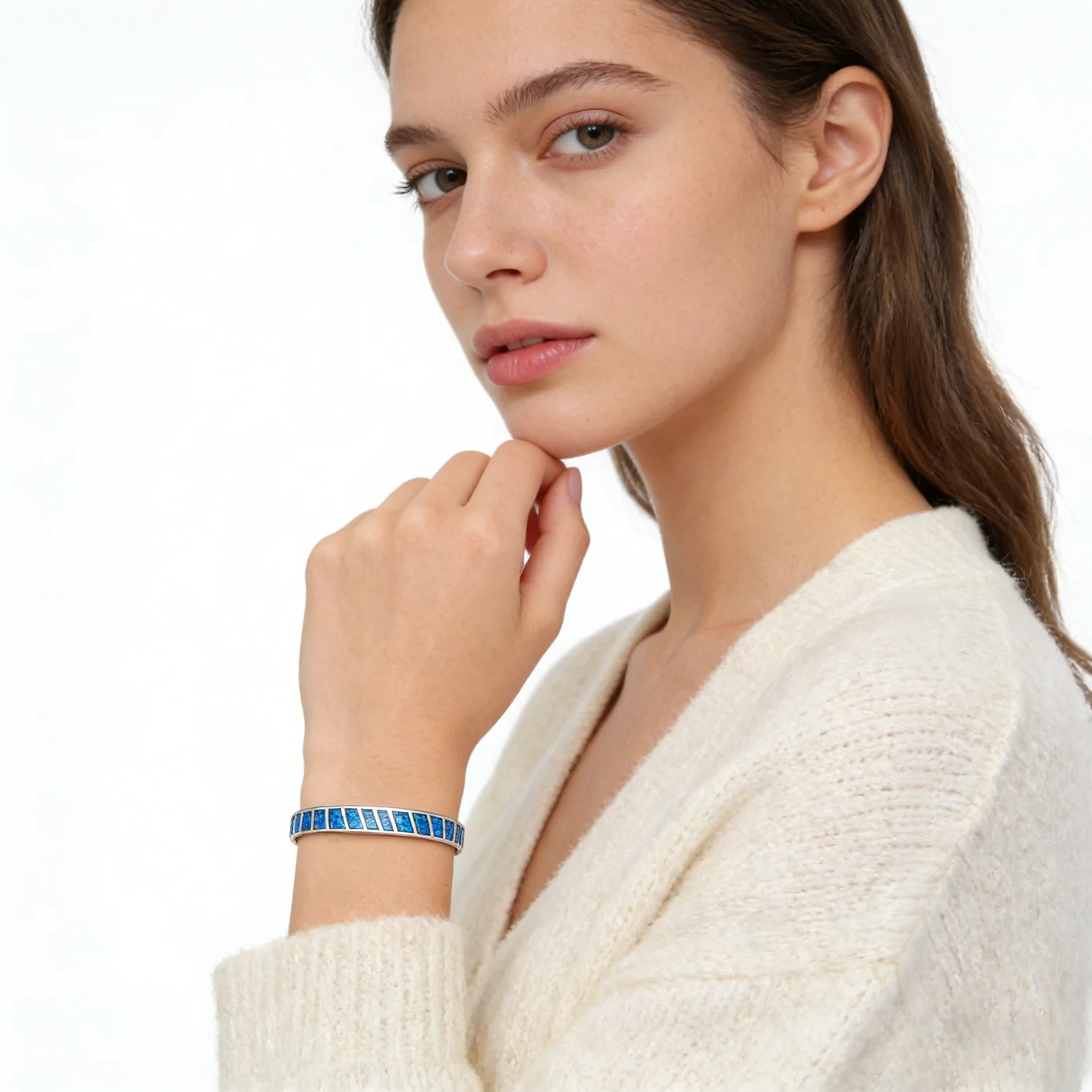 Dazzling Blue Opal Bangles  White K Plated High-Quality Jewelry for Women Open Design Suitable for Ideal Couple Anniversary Gift