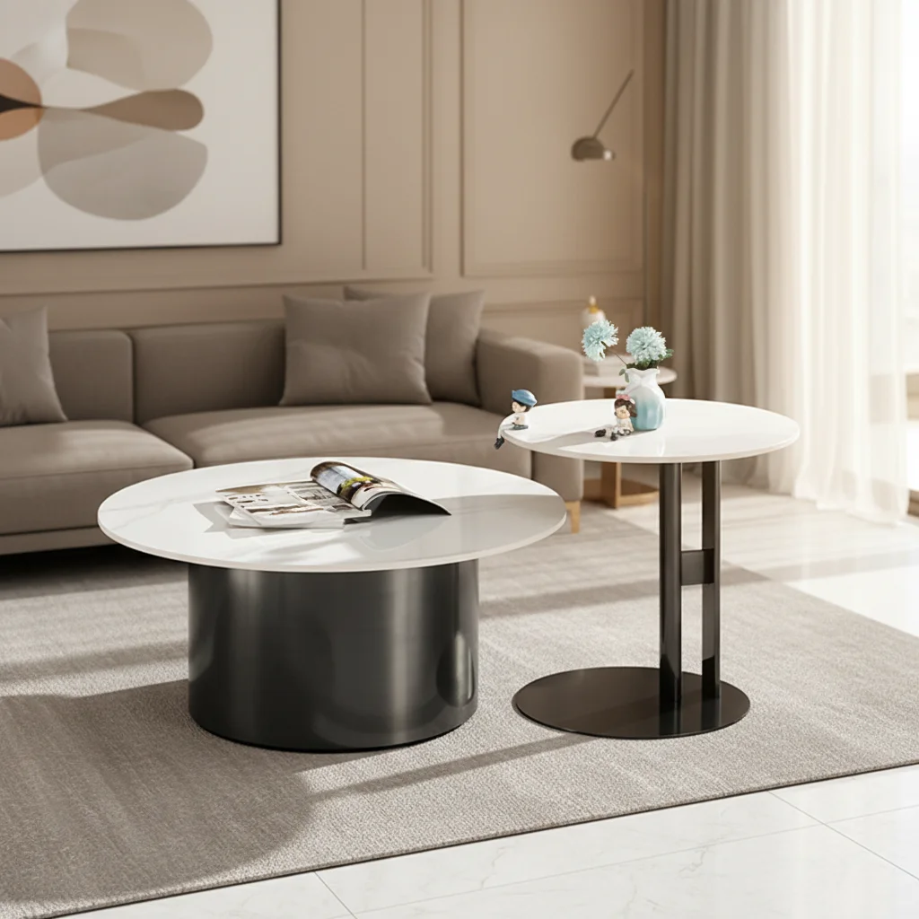 Modern Living Room Furniture White Titanium Stainless Steel Sintered Stone Extendable Coffee Table Set Storage for Home Hotel
