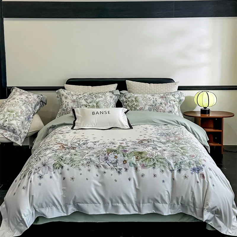 

1000TC Egyptian Cotton Flowers Print Luxury Bedding Set Queen King Size Duvet Cover Flat/Fitted Bed Sheet Pillowcases 4Pcs