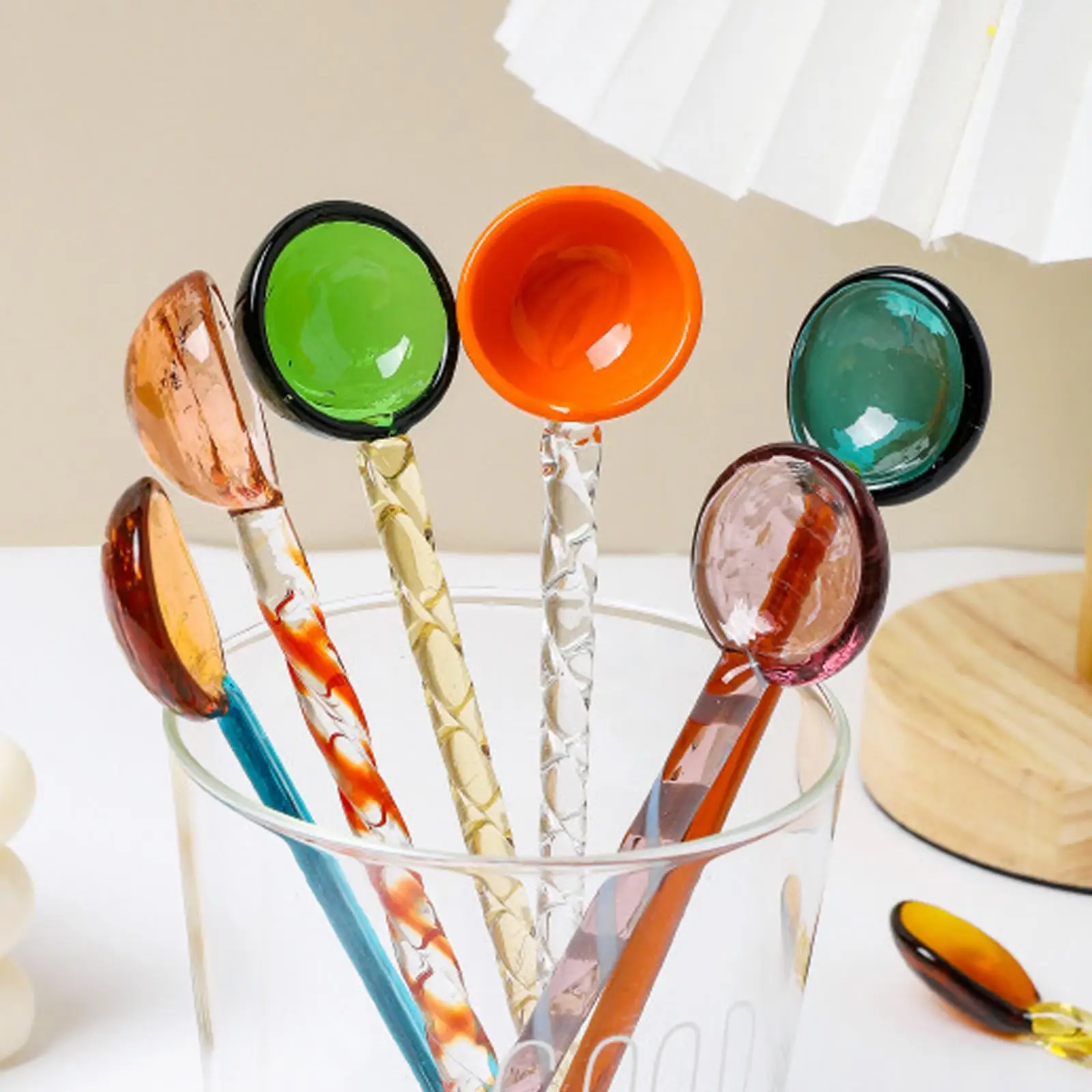 Heat Resistant Glass Milk Spoon Transparent Stirring Spoon for Coffee Tea Latte Ice Cream Sundae Long Handle Round Kitchen